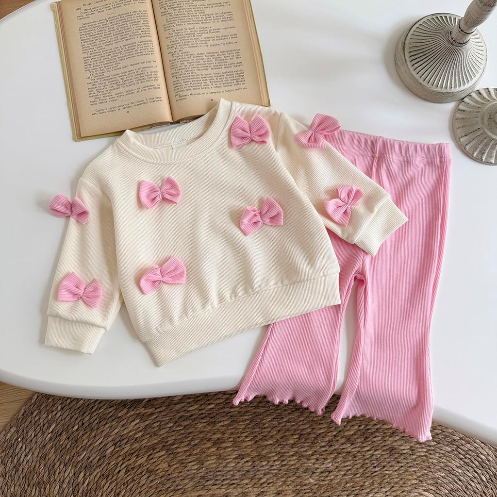 Fall Baby Girl Clothes Long Sleeve Sweatshirt Top with Bow & Pink Pants Set Toddler Bell-Bottoms Outfits ( - )