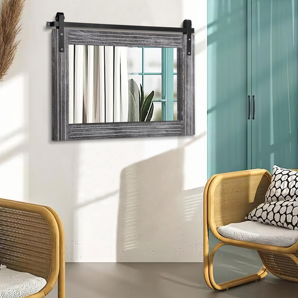 Rustic Wall Mirror with Wood Framed Barn Door Mirror Rectangular Bathroom Mirror 18"x26" Bedroom Living Room Entrance