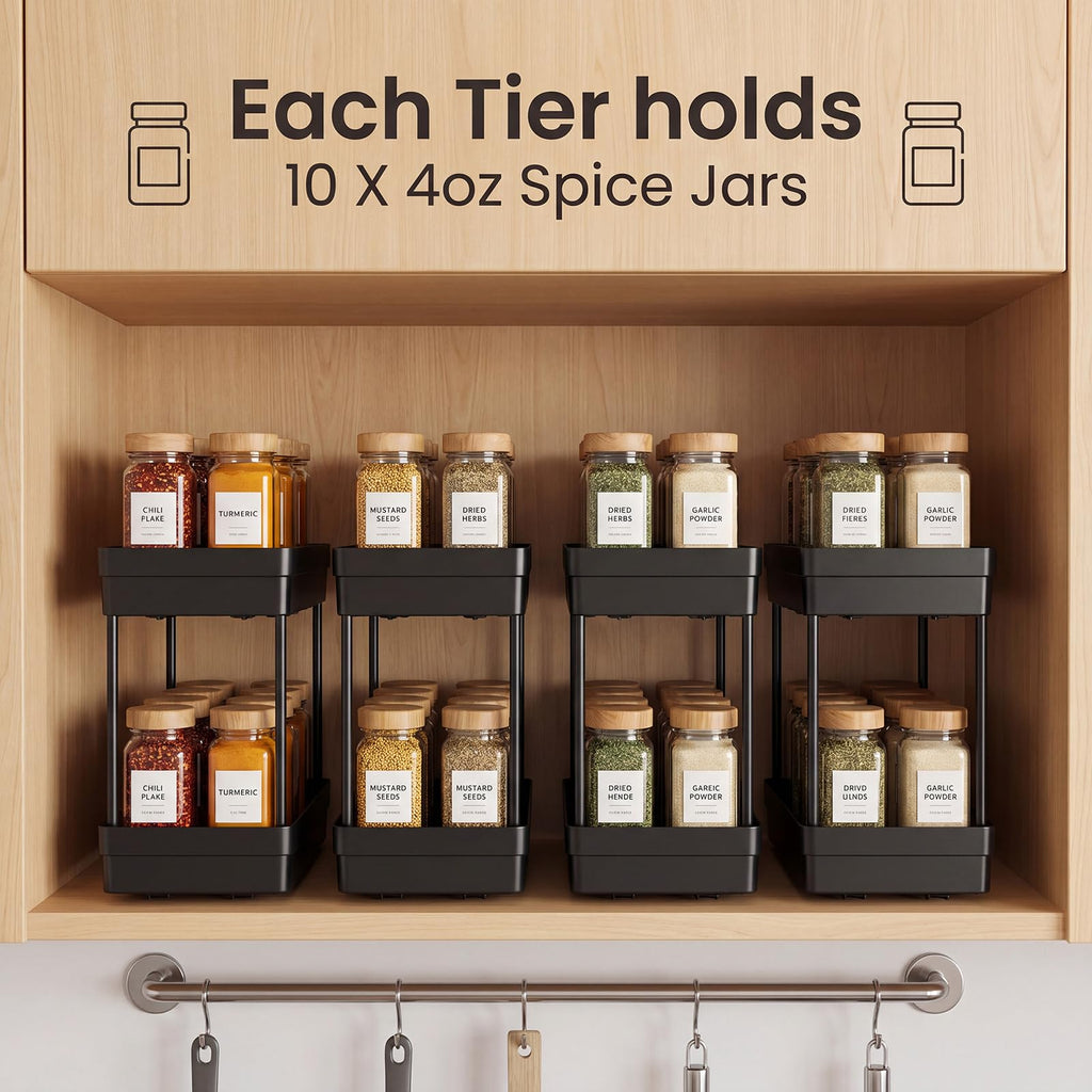 Pull Out Spice Rack, 3 Pack 2-Tier Cabinet Organizer, Black