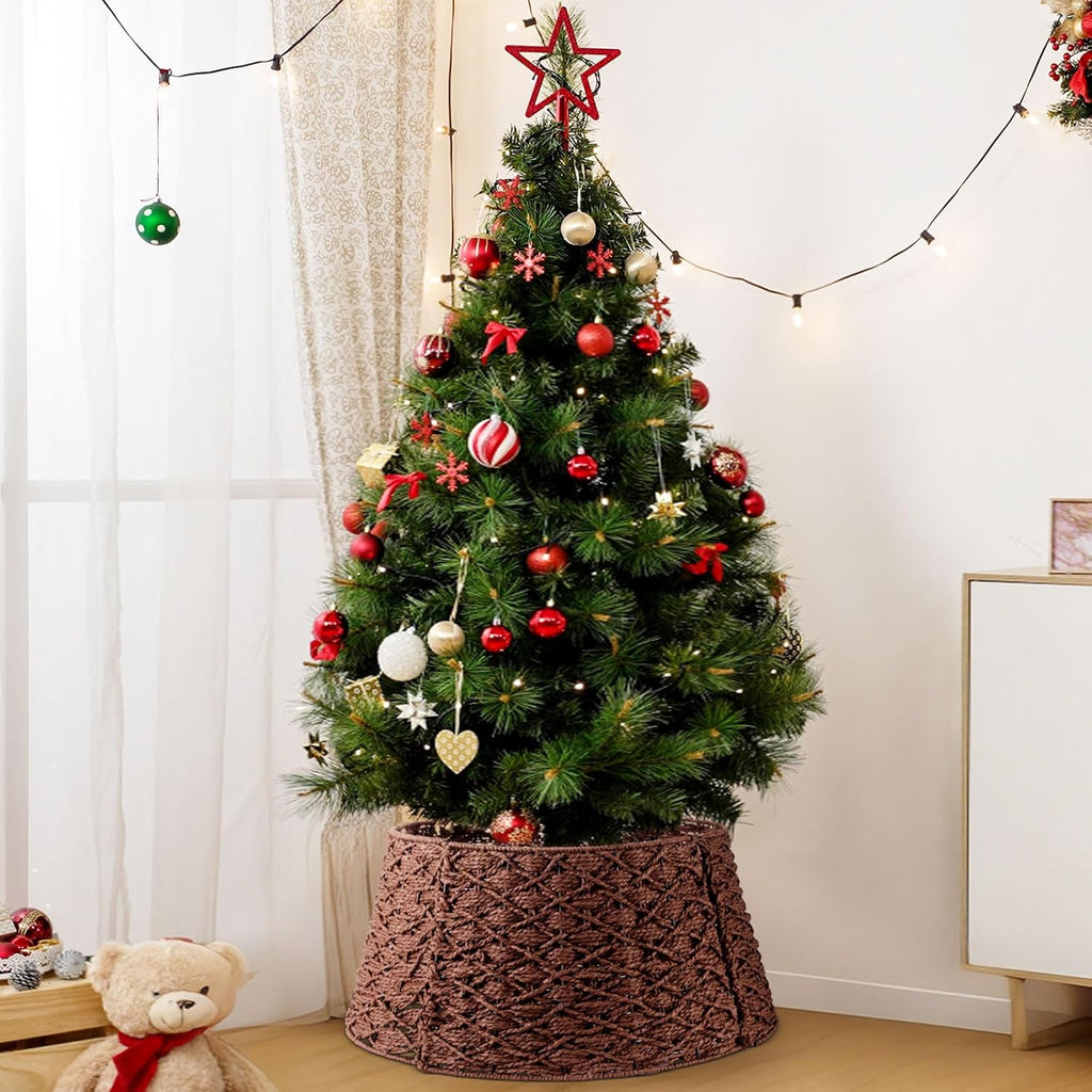 Woven Rattan Christmas Tree Collar, Neutral Wicker Tree Skirt, Rustic Farmhouse Christmas Stand Base Cover Decor