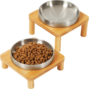 Raised Cat Bowl, Elevated Cat Bowls with Bamboo Stand, Set of 2