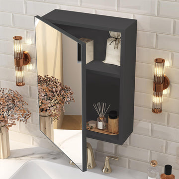 Black Medicine Cabinet, Farmhouse Recessed or Surface Wall Mounted Aluminum, Modern Pre-Assembled Storage Cabinet