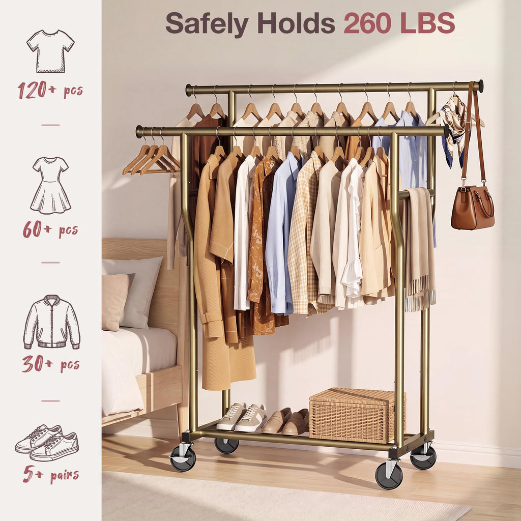 Clothes Rack, Double Rods Rolling Clothing Rack for Hanging Clothes Load 260 LBS Closet Rack with Wheels, Metal