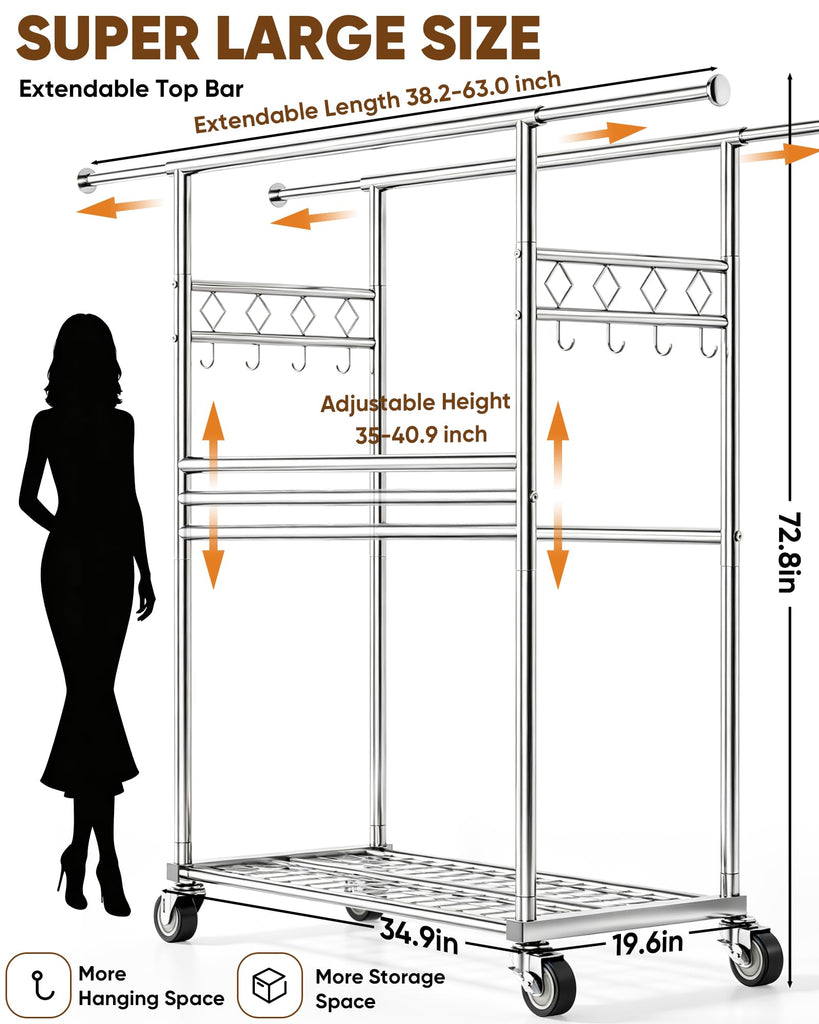 Large Clothes Rack with Shelf Loads 1100lbs, Four Rods Garment Rack, Silver