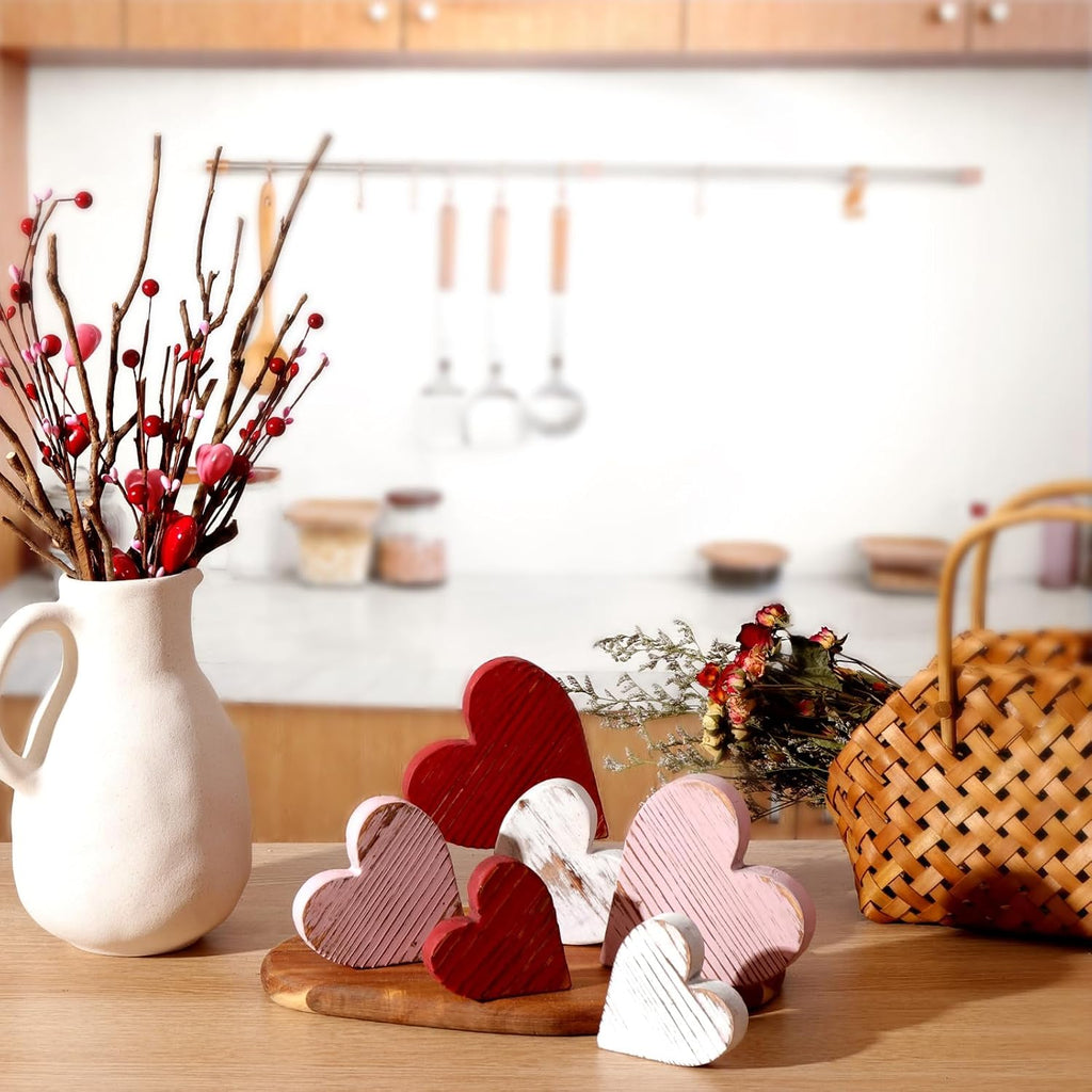 Valentines Day Tiered Tray Decor: Red Pink White Rustic Distressed Wood Heart Table Decorations Sign, Vintage - Set of 6