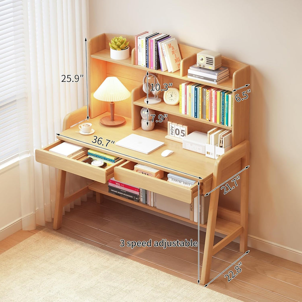 Wooden Childrens Study Desk, Kids Desk with Bookshelf&Two Drawers, 3 Heights Adjustable Children Writing Table