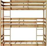 Triple Twin Bunk Bed, Solid Rubberwood 3-Tier Bed with 2 Ladders & Guardrails