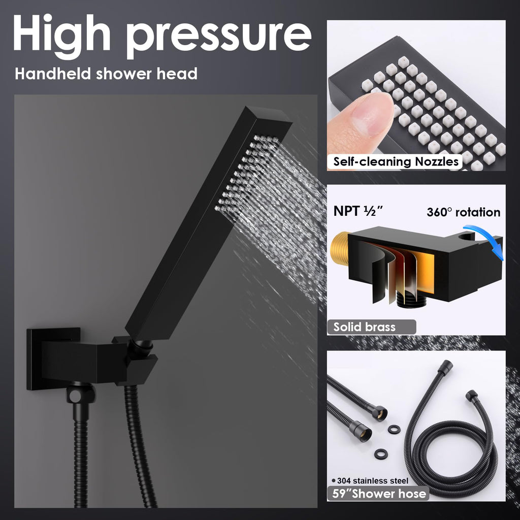 Thermostatic Shower System with Body Jets (Use All Functions At A Time), Ceiling Mounted 12 Inch LED Rain Shower with
