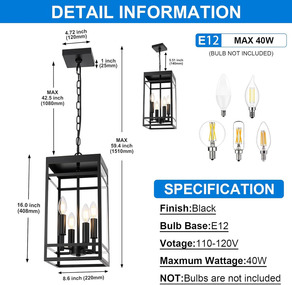 4-Lights Large Outdoor Pendant Light, Matte Black Exterior Hanging Lantern with Clear Glass