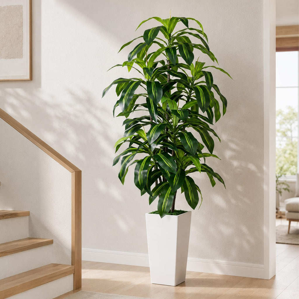 6FT Artificial Dracaena Tree, Fake Tree Indoor with White Tall Planter, Tall Artificial Plants Indoor, Artificial Silk