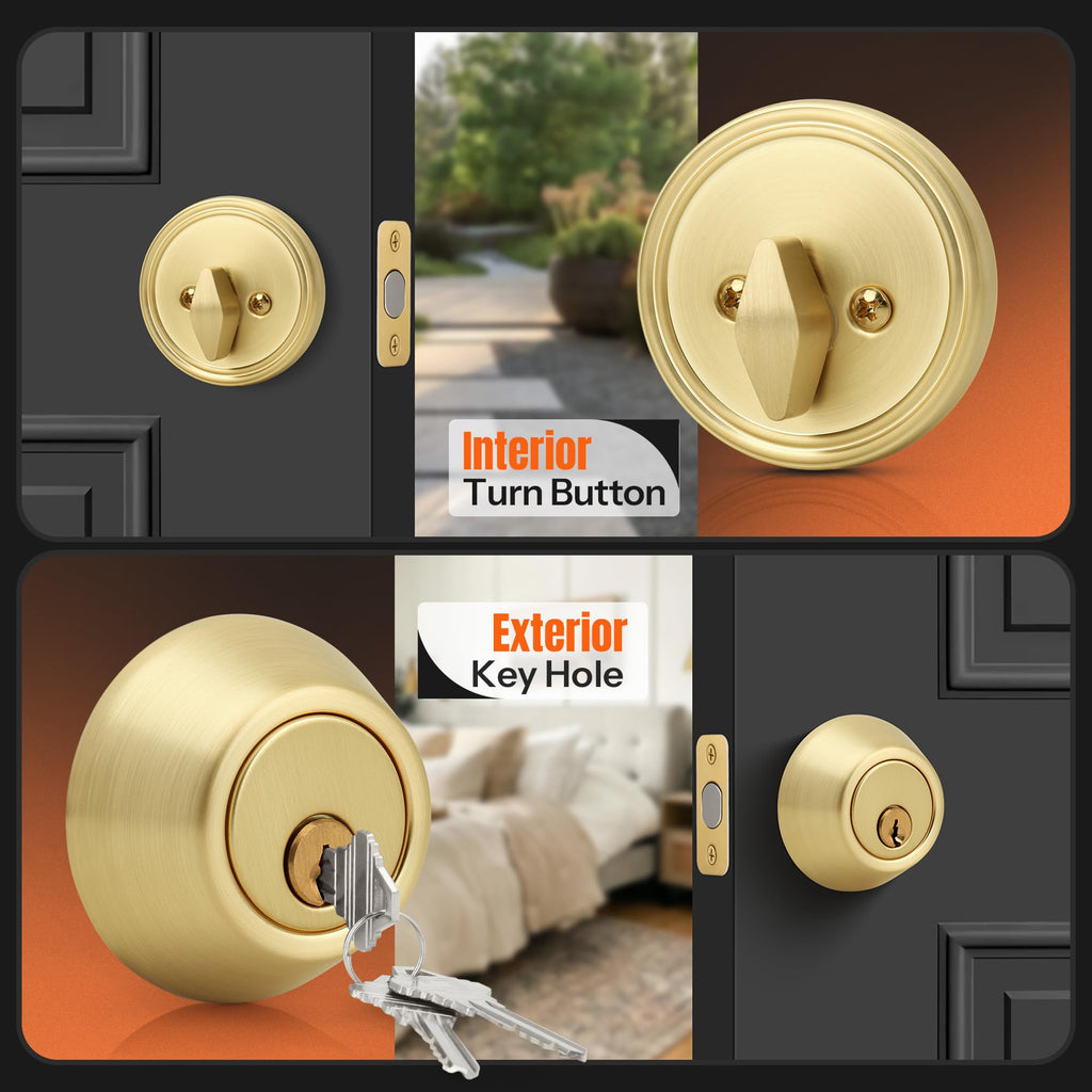 Single Cylinder Deadbolt, Keyed Front Door Lock, Satin Brass