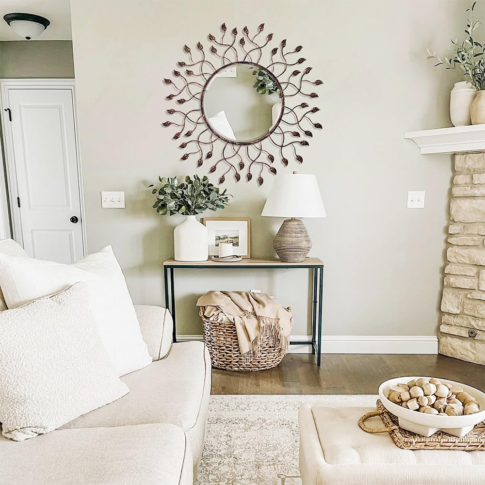 Round Mirror Decor, 32" x 32" Large Mirror with Removable Leaves, Beveled Edge and Metal Frame, Decorative Wall