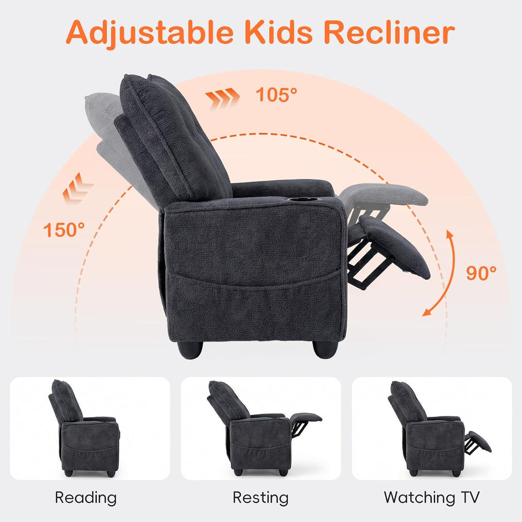 Kids Recliner, Toddler Lounge Chair with Adjustable Backrest Footrest Side Pockets Cup Holder 90 lbs Load, Velvet