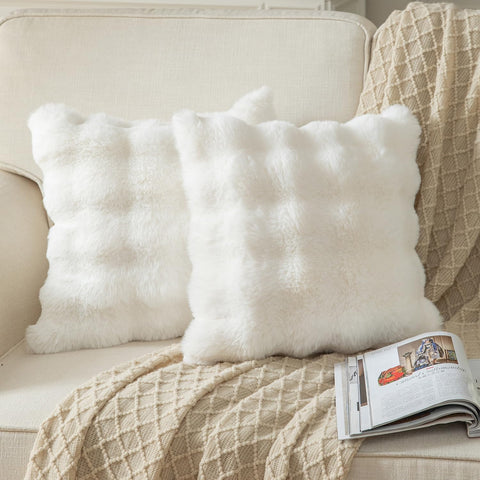 Pack of 2 Cream White Thick Soft Wool Decorative Throw Pillow Covers 18x18 Inch Faux Fur Plush Fluffy Cushion Covers
