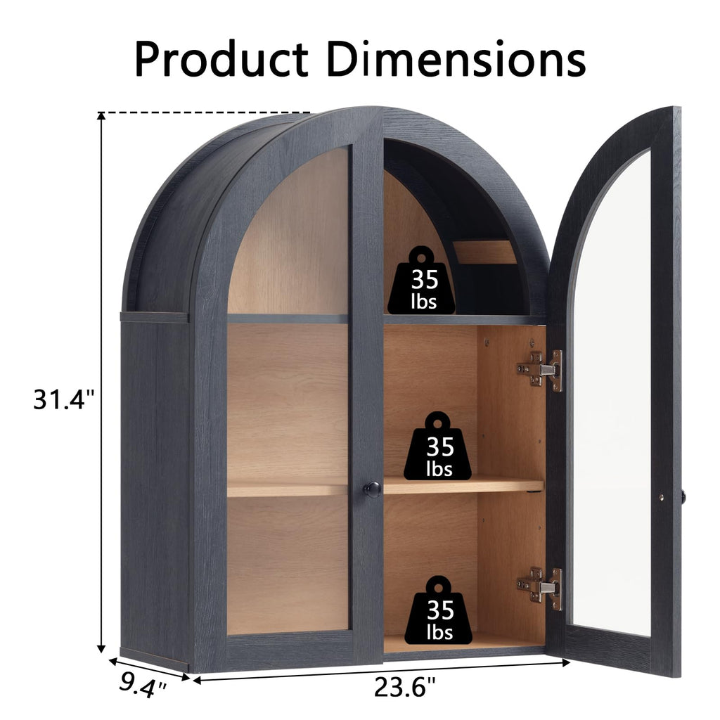 Arched Bathroom Wall Cabinet Medicine Cabinet, 23.5×31.4 Inch Bathroom Cabinet Wall Mount with Glass Doors &