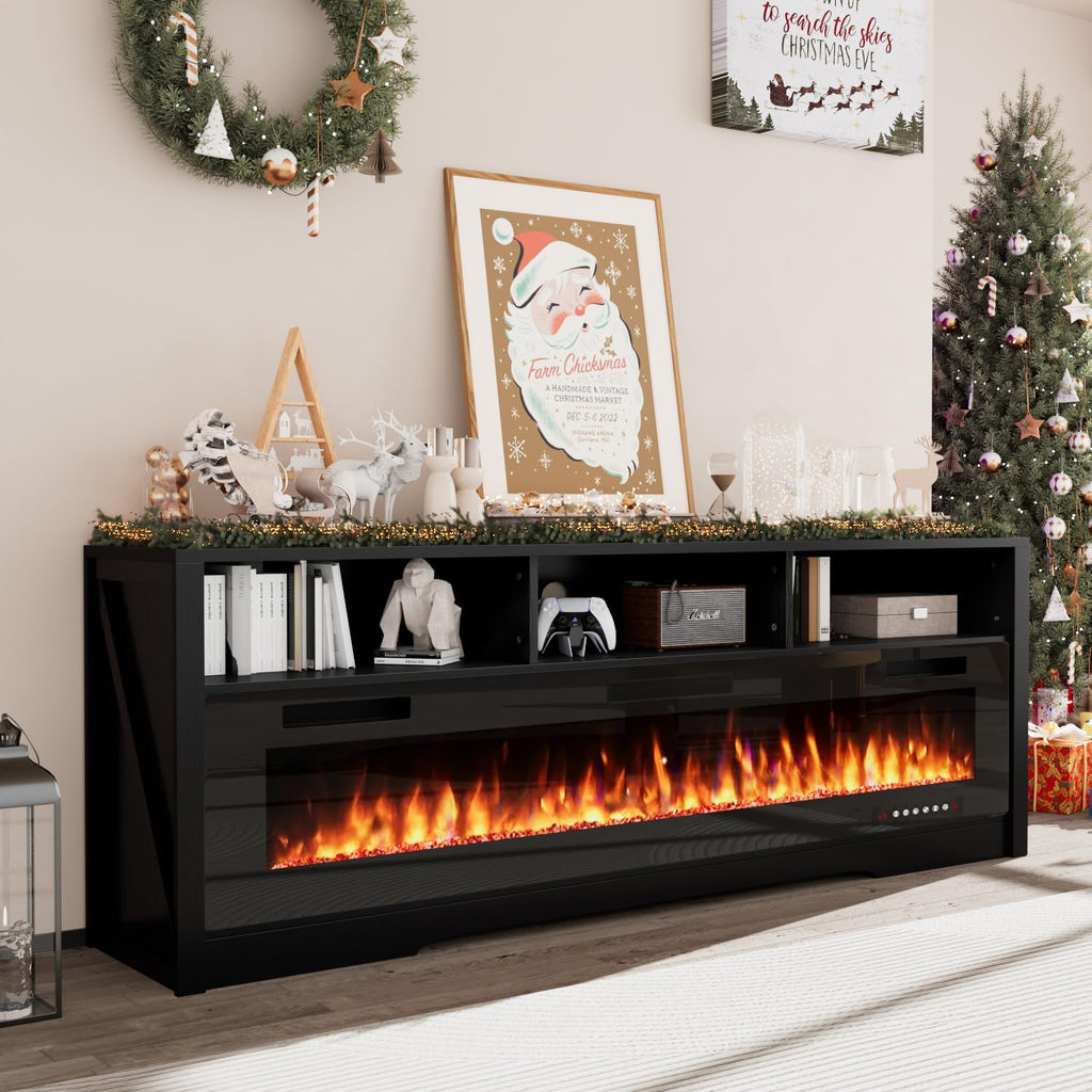 65" with 60" Electric Fireplace, Modern LED Entertainment Center for TVs Up to 75", Open Storage Media Console