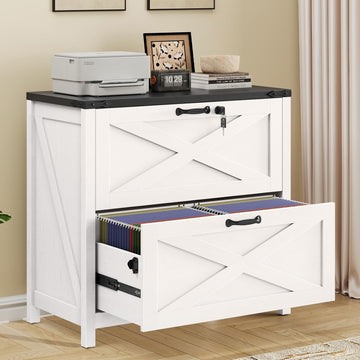 Farmhouse Lateral File Cabinet with 2 Drawers, White and Black | Lateral Filing Cabinet with Lock for Letter/A4/Legal