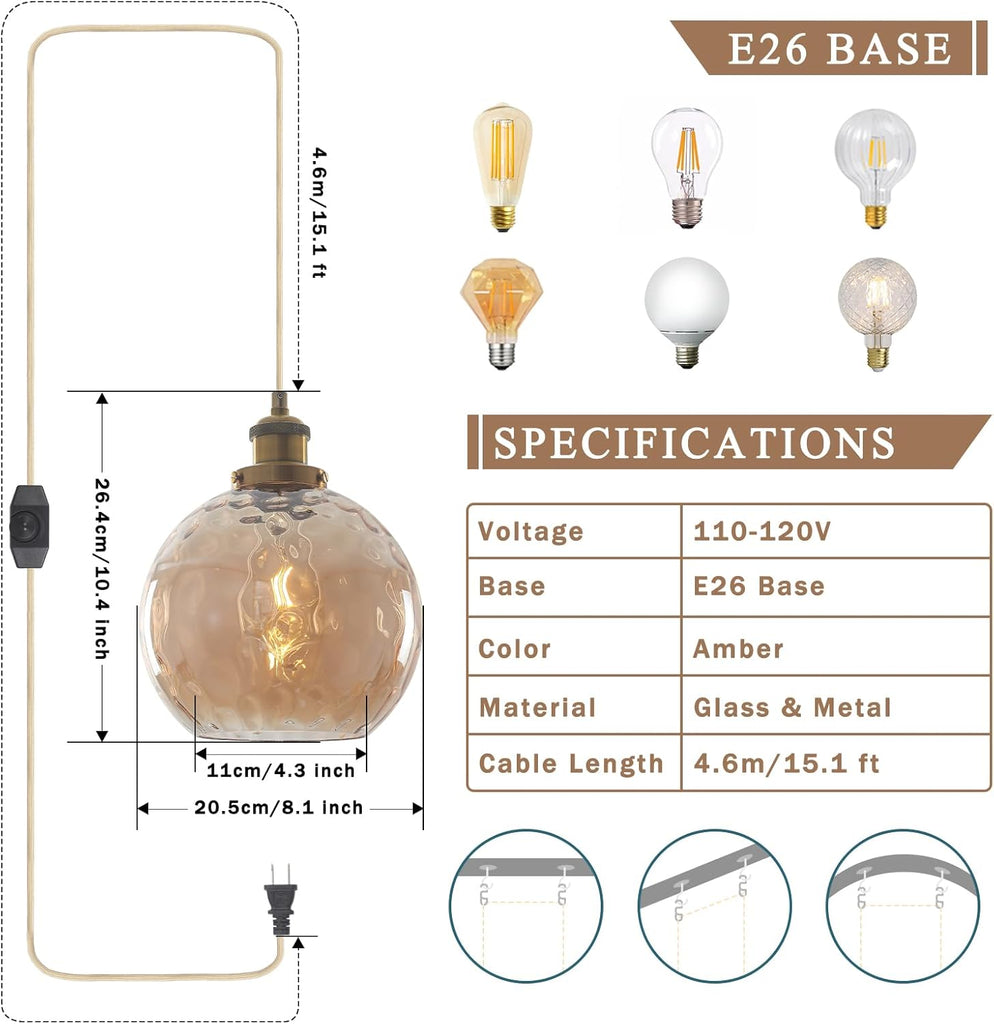 Plug in Pendant Light, Amber Brown Glass Chandelier Hanging Light Fixture for Dining Room