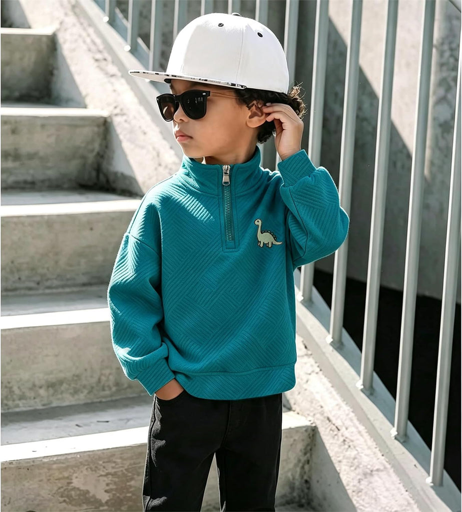 Boys Quarter Zip Sweatshirt Dinosaur Embroidery Pullover