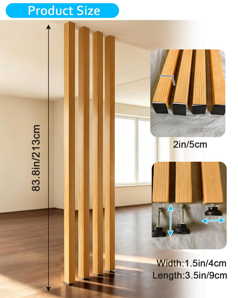 7′ Partition Posts Room Divider, Natural Wood Grain Screen Divider Columns