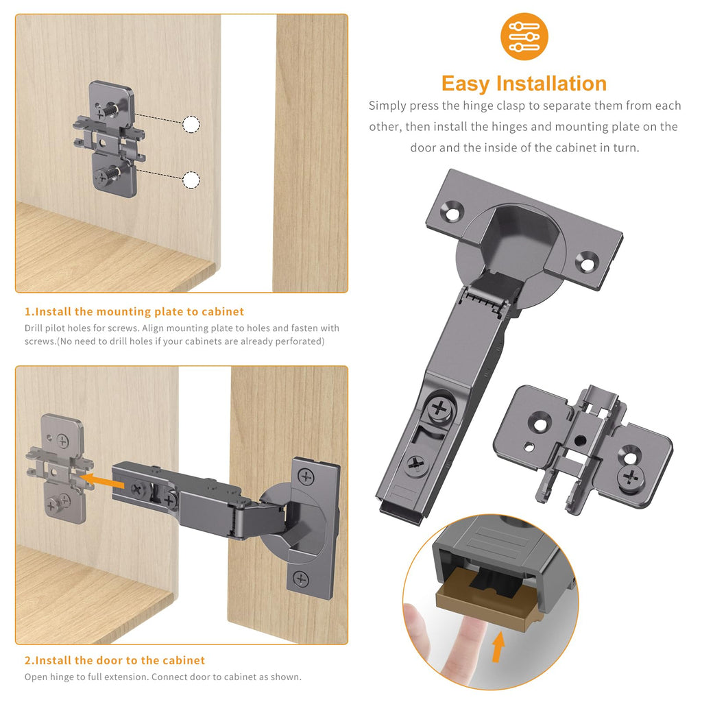 2 Pack Frameless Half Overlay Soft Close Concealed Hinges, Black Titanium Plated, Self Closing, 105° Open Angle 3D