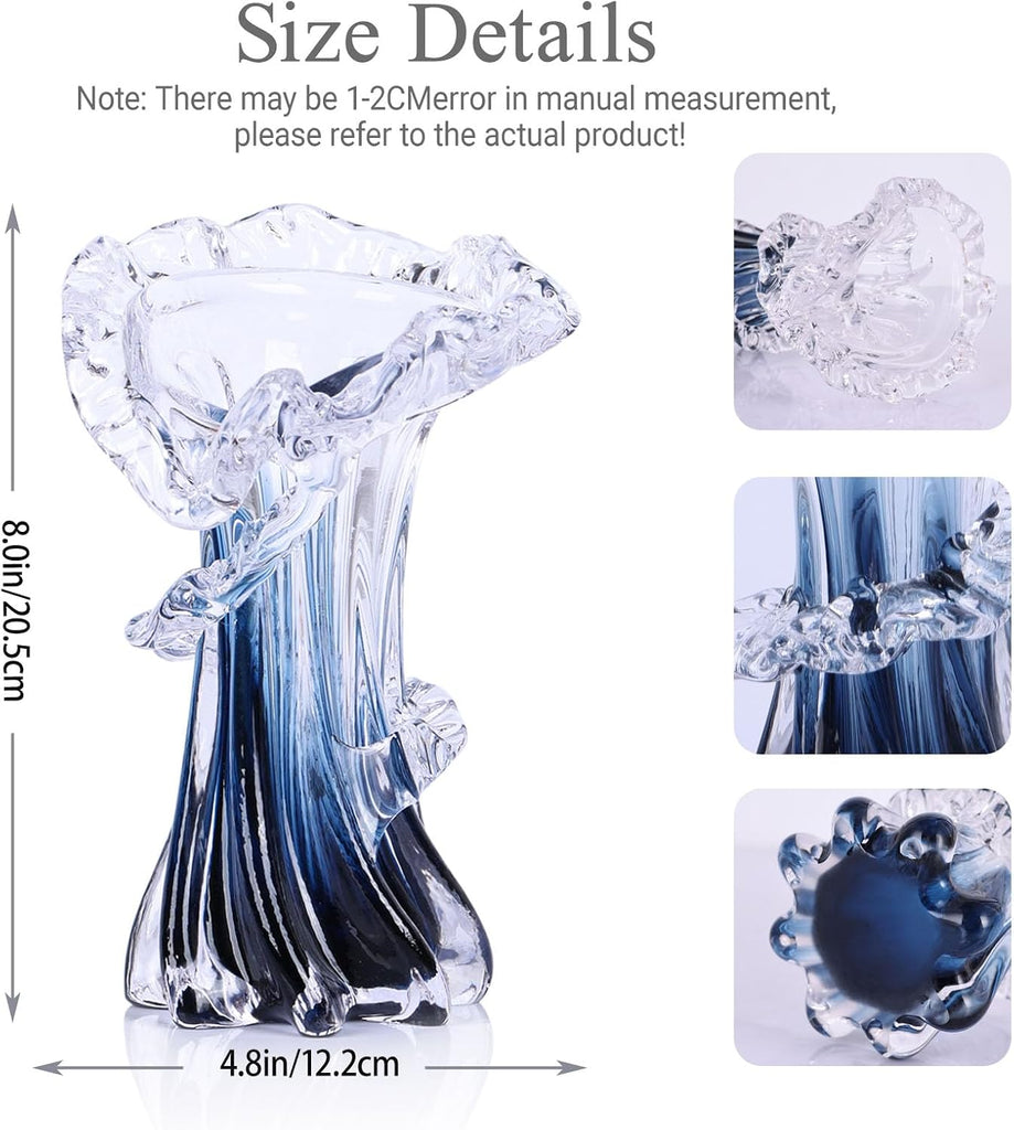 Blue White Clear Wave Vases Gradient, Murano Hand Blown Glass Vase Unique Art Decorative, for Ocean Themed Coastal