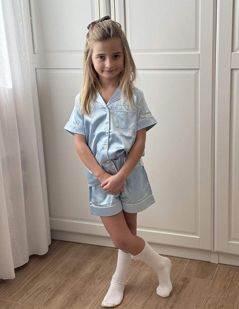 Girls Pajamas Silky Pajama Sleepwear Button Down Kids Pj Sets