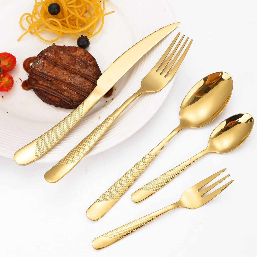 Hammered Silverware Set Gold Modern Stainless Steel Flatware for 4 Forks Knives and Spoons Party Dinning Utensils