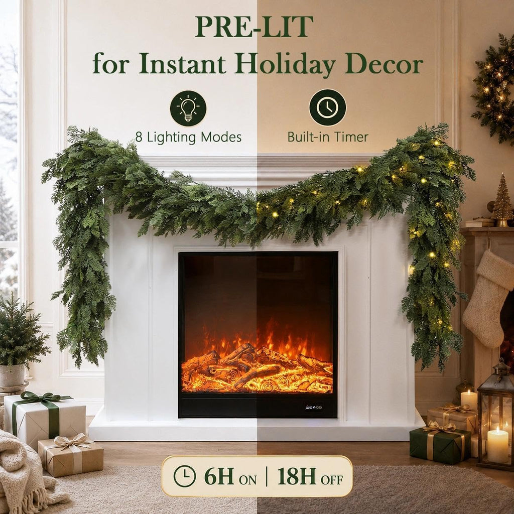 Pre-Lit Christmas Garland 9FT Decorations Real Touch Cedar Cypress Pine Greenery Artificial Green Christmas Garland