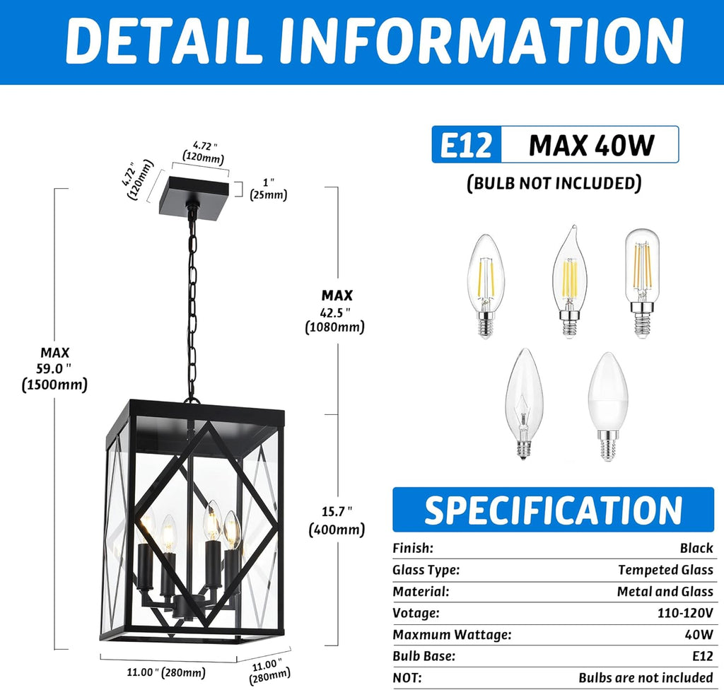 Outdoor Pendant Light 4 Lights Modern Outside Chandelier Outdoor Hanging Lantern Light with Clear Glass