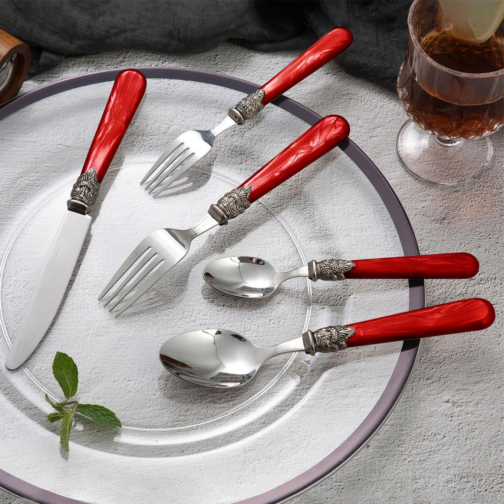 20 pieces Stainless Steel Flatware Sets With White Hanld,Dishware Safe (20, Red)