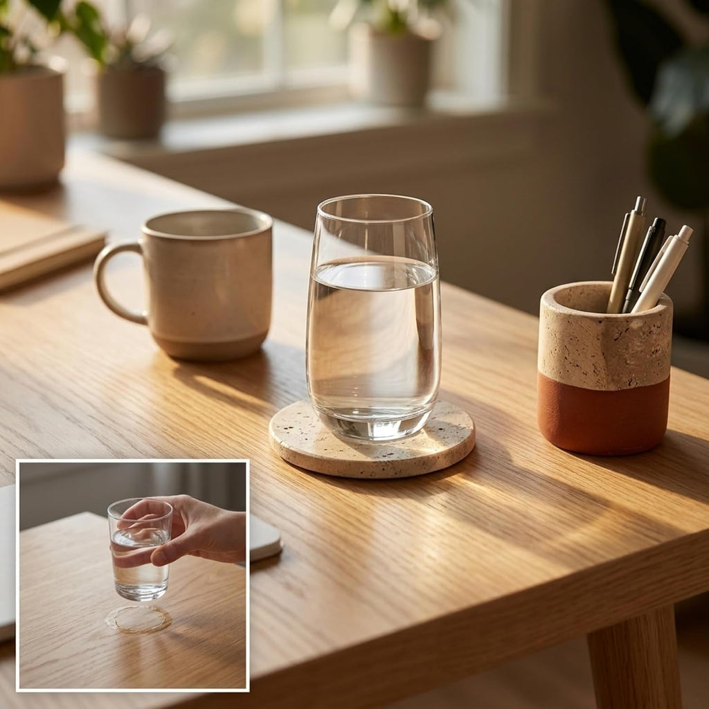 Marble Coasters Set, 3.9 in Round Natural Beige Stone Drink Coasters with Cork Base, 0.5 in Thick - Set of 6