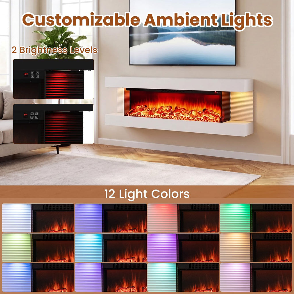 3 Sided Wall Mount Electric Fireplace w/ 50" Floating Mantel, White