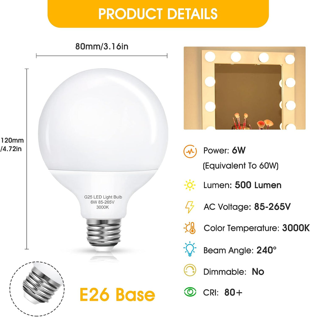 G25 LED Vanity Globe Light Bulb, E26 Base 60W Equivalent Incandescent Bulbs