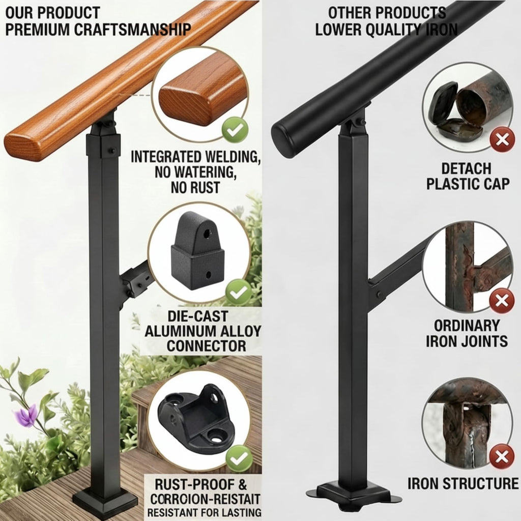 2 Step Handrails for Outdoor Steps, Metal Wood Grain Hand Rails