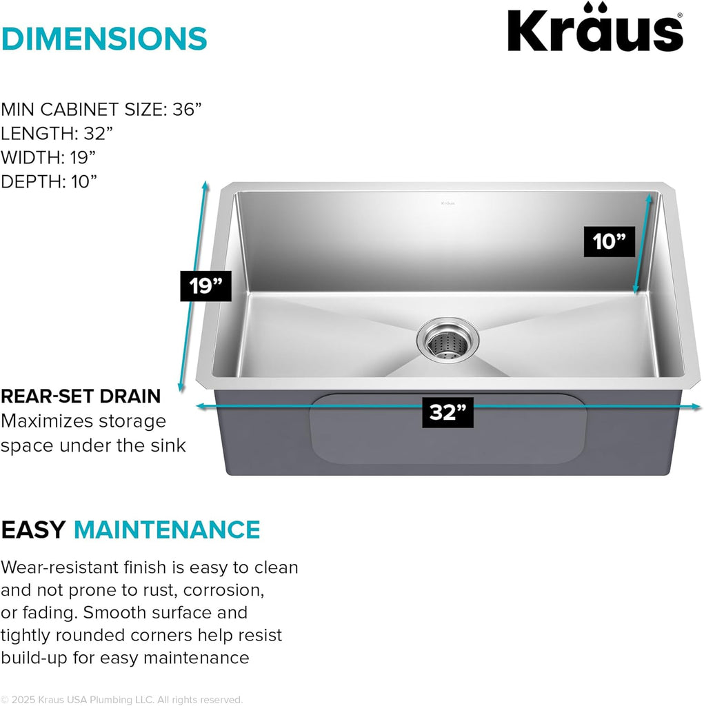Stainless Steel 32 in 16 Gauge Undermount Sink KHU100-32 | 16-gauge TRU16 steel construction, rounded corners for