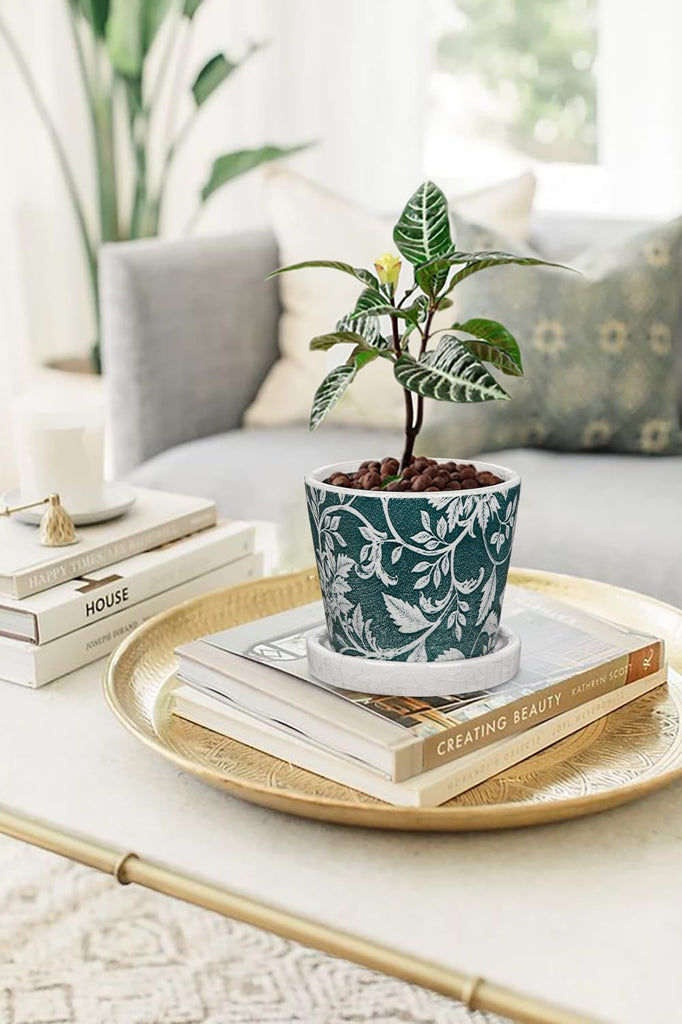 Set of 2 Ceramic Blue and White Plant Pots with Drainage Hole and Saucers, Vintage Farmhouse Accent Planters for