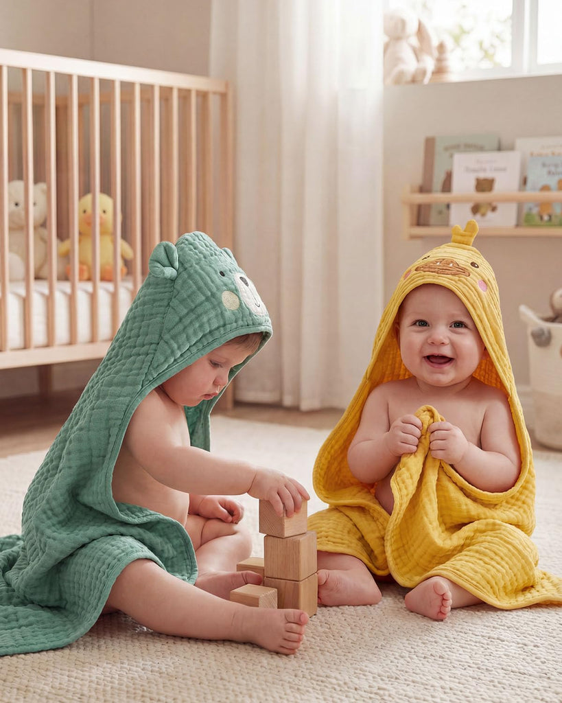 Muslin Baby Hooded Towel 2 Pack, Soft & Absorbent Bath Towel for Infant, Toddler, Unisex, Baby Gift, Newborn