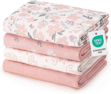 4 Pack Organic Rayon Derived from Bamboo & Cotton Muslin Swaddle Blankets, Soft Breathable Baby Receiving Blankets