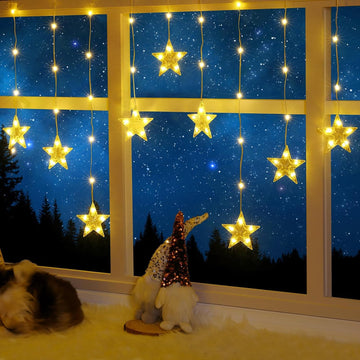 Window Lights, 76LEDs 9 Star Curtain Lights, Warm White&Multicolor, IP65 Waterproof, Timer & Memory Function, 8 Modes