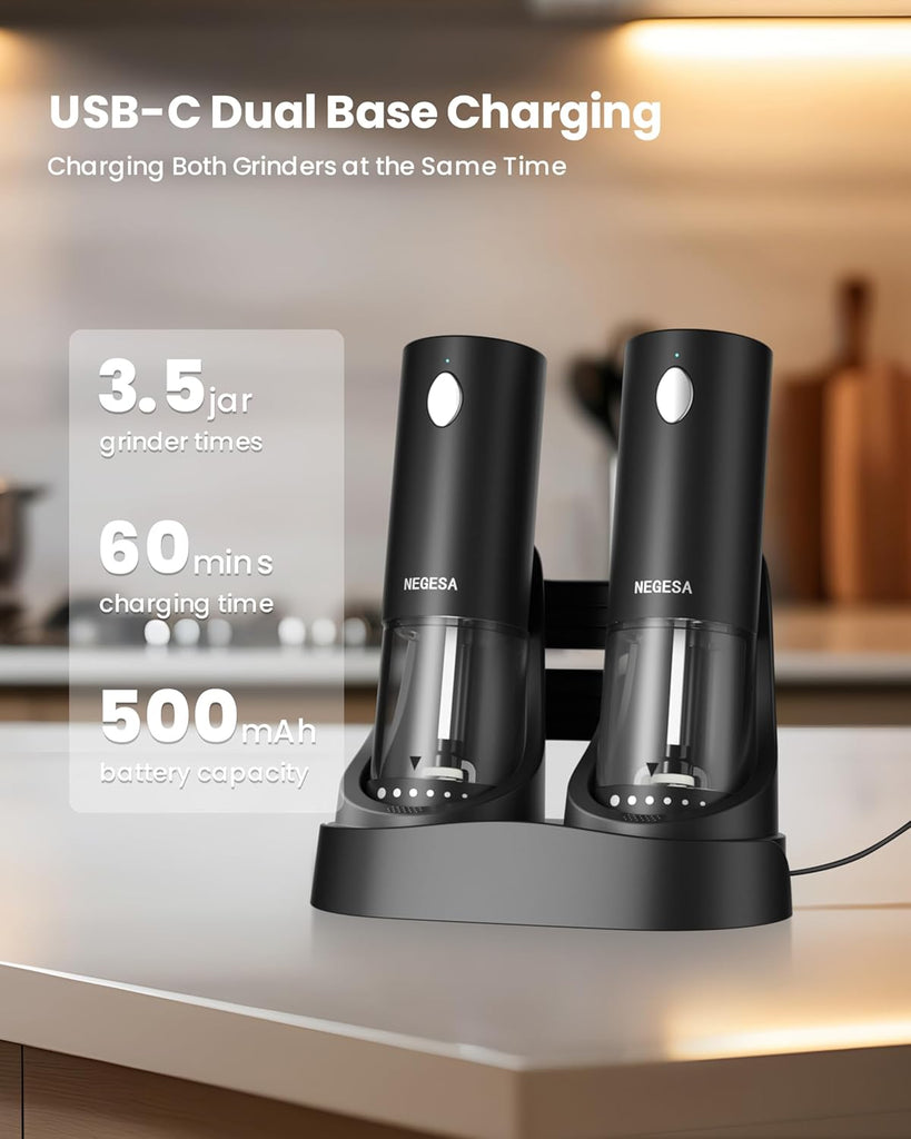 Electric Salt and Pepper Grinder Set with Rechargeable Base - Automatic Refillable Electric Salt and Pepper Shakers - Set of 2
