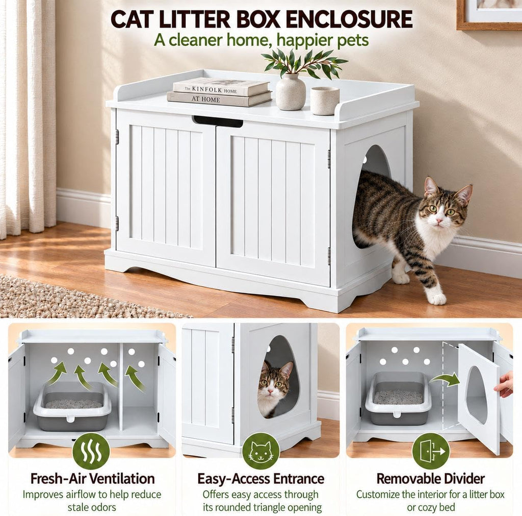 Hidden Cat Litter Box Enclosure Furniture, White Side Table