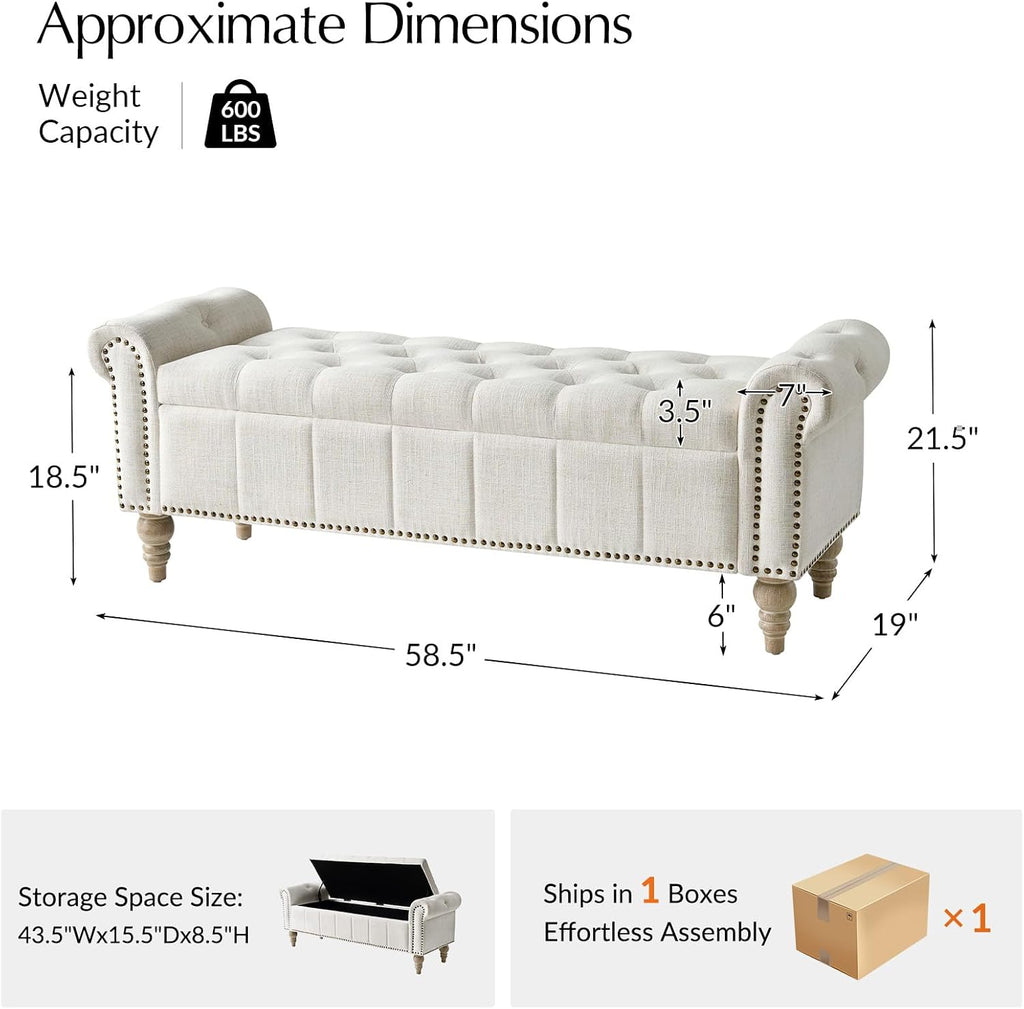 Farmhouse Storage Bench, Ivory | End of Bed Bench with Vintage Button-Tufted Design, Bedroom Bench with Storage