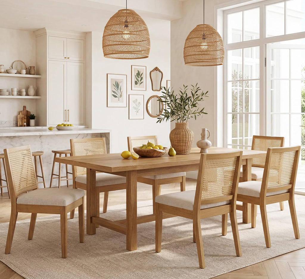 Farmhouse Rattan Dining Chairs Set of 6, Natural Solid Hardwood Frame, Upholstered Linen Seat, Ergonomic Cane Back