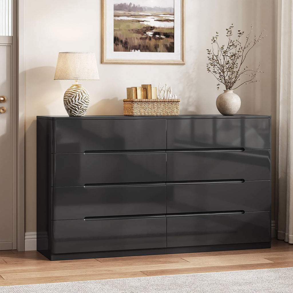 High Gloss Dresser, 47.2" Wide 8 Drawer Dresser, Black