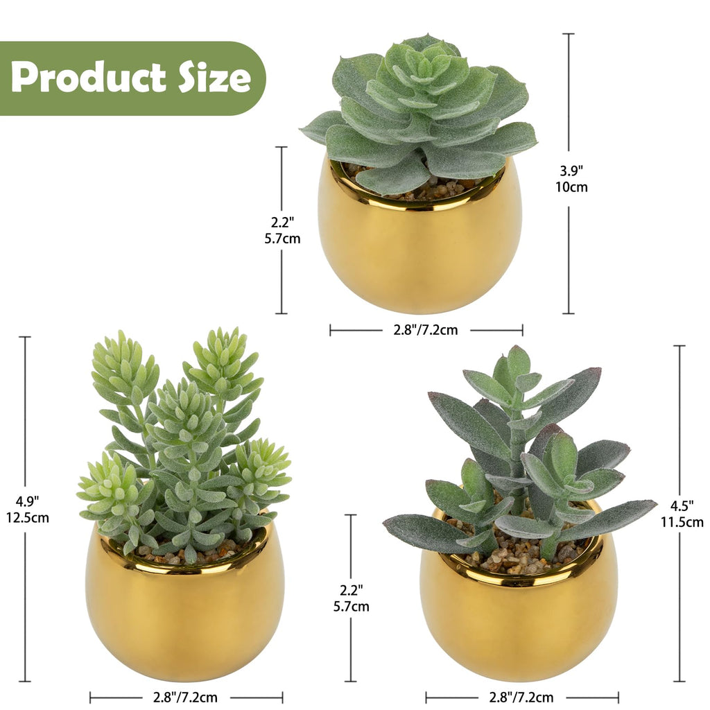 Small Artificial Succulents Potted Set of 3 Realistic Faux Succulents Plants with Gold Ceramic Pots Cute Mini Flocked