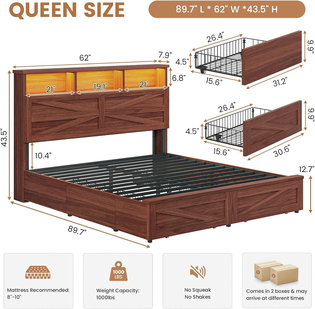 Queen Bed Frame with 6 Drawers, Farmhouse Bed Frame with Barn Door Headboard and Storage, Wood Platform Bed Frame