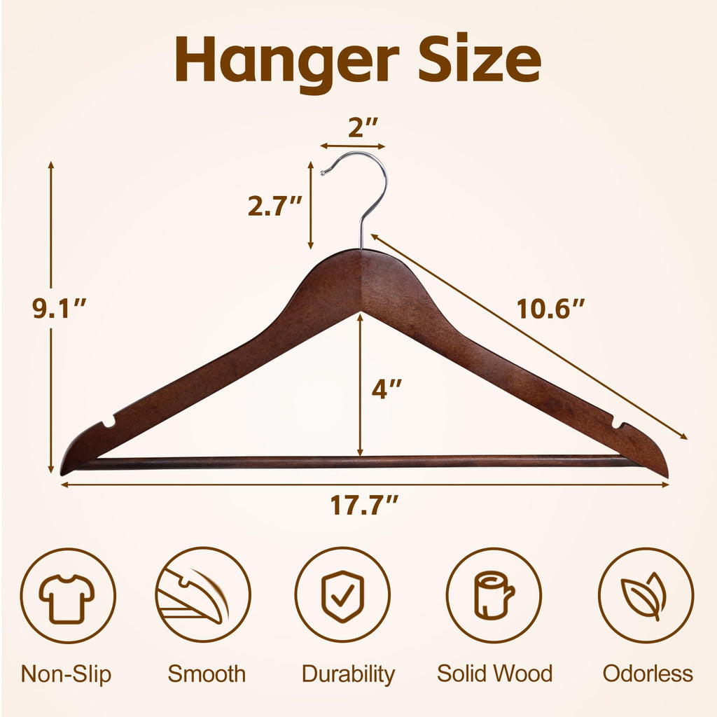 Wooden Hangers 50 Pack, Solid Wood Hanger with Non Slip Pant Bar