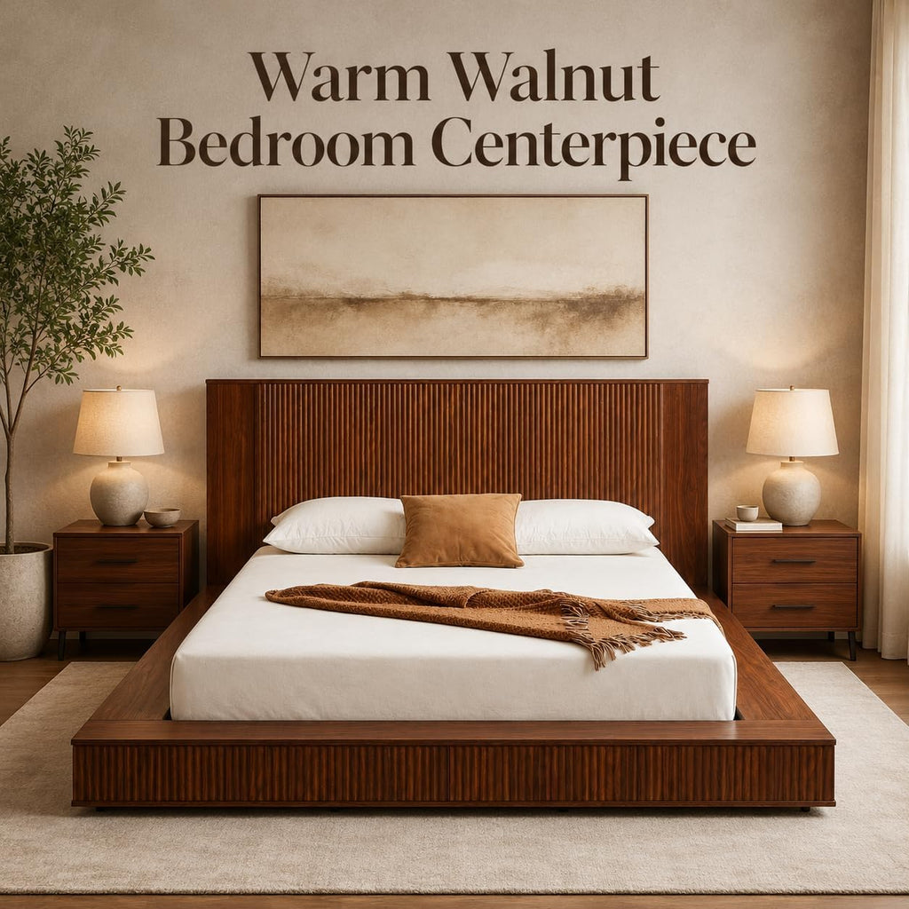 Low Profile Platform Bed Frame with Vertical Fluted Headboard