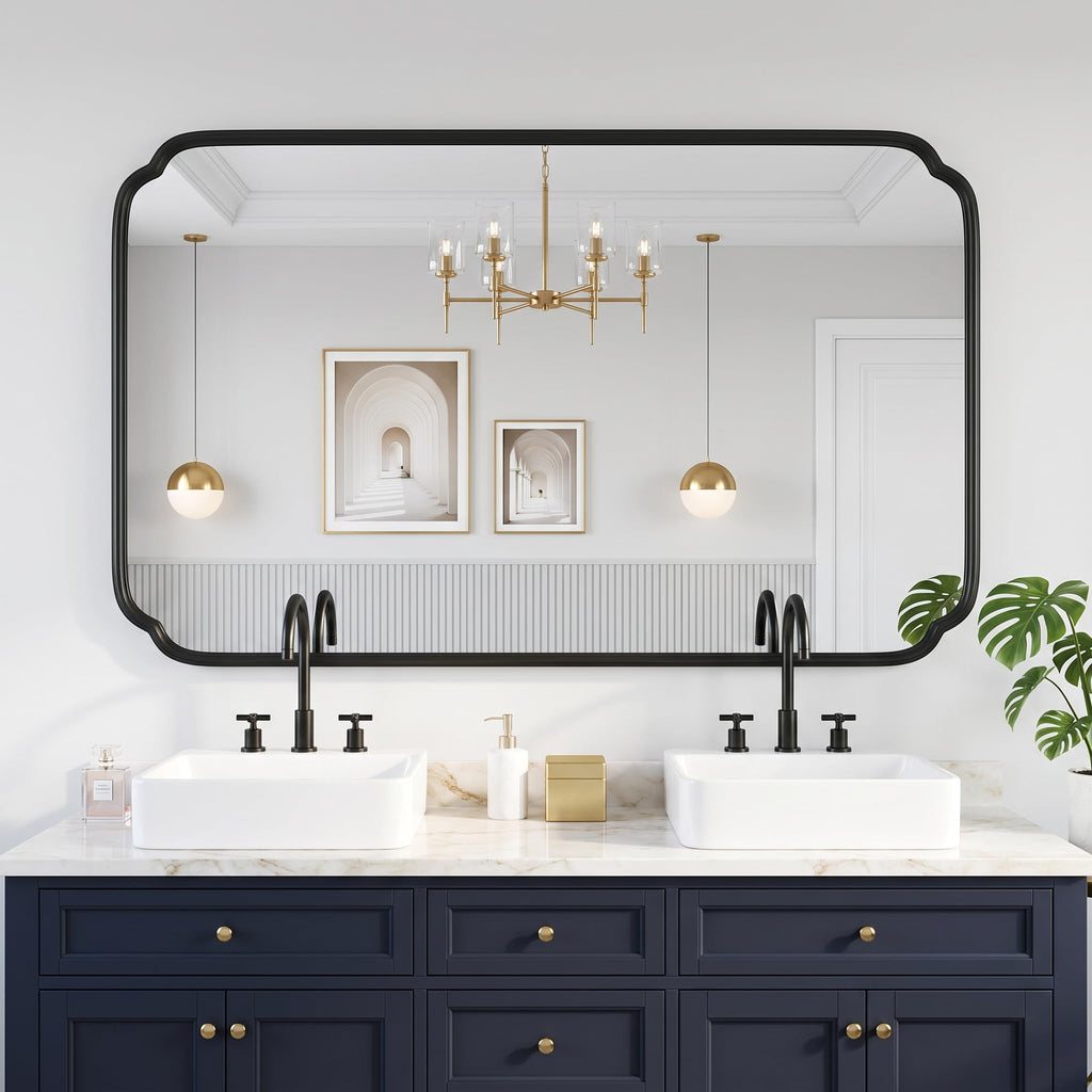 36x60 Matte Black Scalloped Bathroom Mirror Rounded Rectangle Frame,Full Length Mirror Size, Ideal for Large